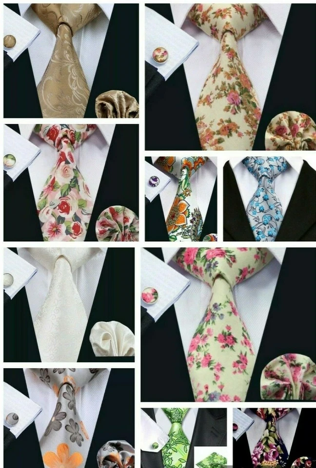 ITALIAN DESIGNER Floral Silk TIE, POCKET SQUARE, CUFFLINK SET - Image 1 of 1