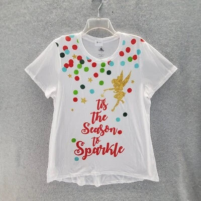 Disney Girls Top XL White Tis The Season To Sparkle Tinkerbelle Star Glitter - Image 1 of 4