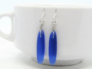 Long Frosted Cobalt Blue Sea Glass, Silver French Hook Earrings - Picture 1 of 3
