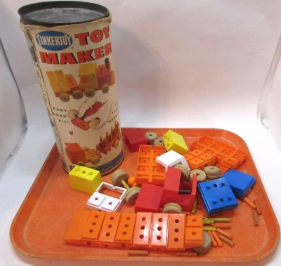 Juego de fabricantes de juguetes Tinkertoy 444 Spalding Bros. Inc. de colección años 60 EE. UU. con bote Foto 1 de 4