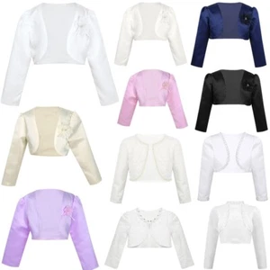 Girls Satin Long Sleeve Bolero Shrug Jacket Cover Up Sweater for Formal Dress - Picture 1 of 125