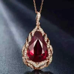 Lab-Created Red Ruby 3Ct Pear Cut Women's Teardrop Pendant 14K Rose Gold Plated - Picture 1 of 7