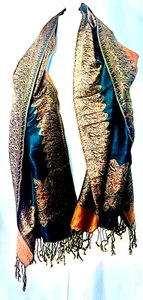 Green and Gold Extra Large Paisley Pashmina Shawl - Picture 1 of 3
