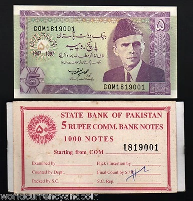 PAKISTAN 5 RUPEES New 1997 JINNAH Commemorative MATCHING NUMBERS Brick Label UNC - Image 1 of 2