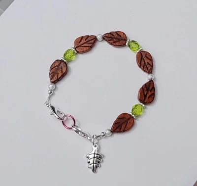 Fall Leaves Brown Czech Glass Beads Medical Alert ID Replacement Bracelet 6.5" - Image 1 of 4