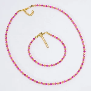 Peach Amazonite Garnet Gemstone Round Handmade Jewelry Set 7.5-8.5" 18-19" F890 - Picture 1 of 5