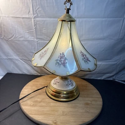 Touch Lamp leaves Floral Design Glass Panels Gold Base 15” Tall Vintage - Image 1 of 4