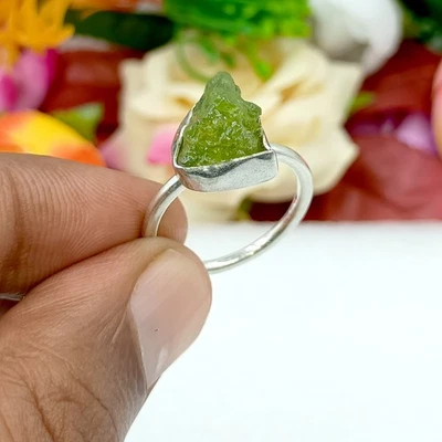 Raw Peridot Solitaire Ring, 925 Sterling Silver Ring, Peridot Gemstone Jewelry - Image 1 of 4