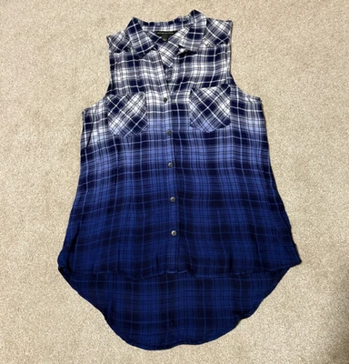Rock&Republic Womens Collared Tank Top Studded White Blue Ombre Plaid Sz M - Image 1 of 4