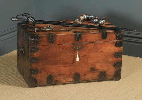 Antique English Victorian Pine & Steel Strapped Zinc Lined Chest/Trunk c. 1850 Cover