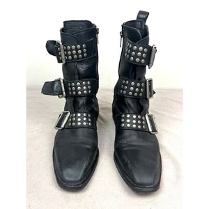 John Fluevog Black Leather Studded Buckle Biker Goth Boots   Women's Size 9 - Picture 1 of 9