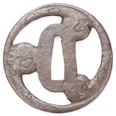 Antique Japanese Iron Tsuba Heianjo Tomoe Mitsudomoe Swirl Samurai Sword Guard  - Image 1 of 4