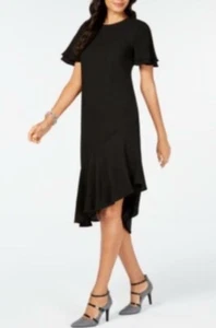 NWT Alfani Black Short Sleeve Asymmetrical Hem Midi Sheath Dress Sz 12 - Picture 1 of 9