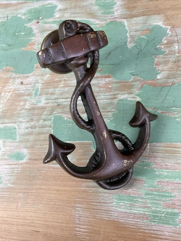Vtg Antique Painted Brass Anchor Door Knocker Nautical Seaside Hardware Red 4.75 Cover