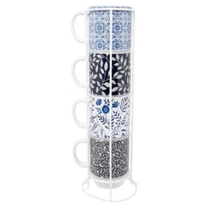 Boston Warehouse Blue & White Pattern 14-oz Stacked Mugs with Stand, Set of 4 - Picture 1 of 1