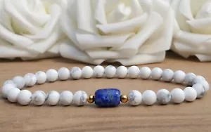 Blue Lapis Lazuli & White Howlite Stone Small Beaded Boho Bracelet For Women - Picture 1 of 9