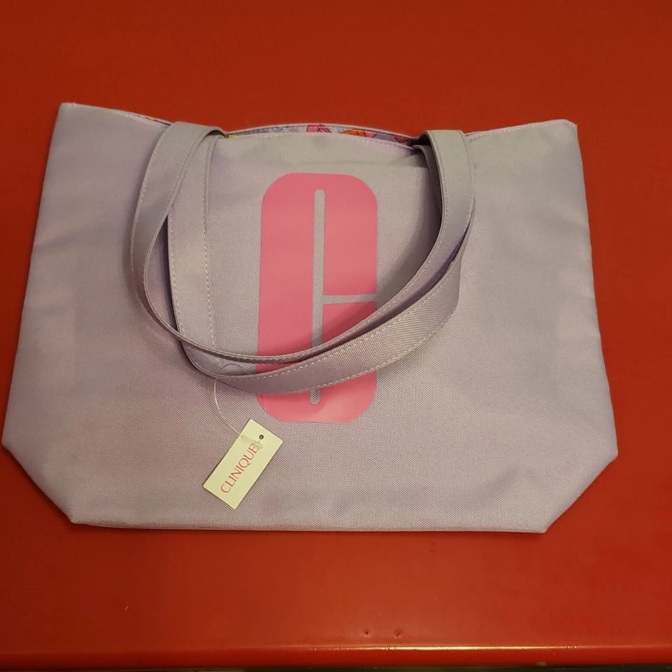 CLINIQUE Purple Shoulder Travel Tote Bag With Colorful Lining With tag