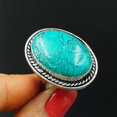 Natural Turquoise Oval Gemstone 925 Sterling Silver Ring Size-8 US - Image 1 of 4