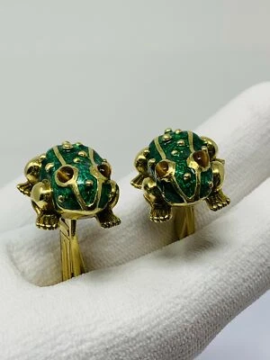 Gemelos rana esmalte verde oro amarillo 18K Foto 1 de 4