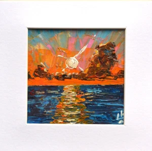 Sunset Seascape – 5x5 Framed Acrylic Painting, Fiery Sky Over Ocean, Signed - Picture 1 of 9