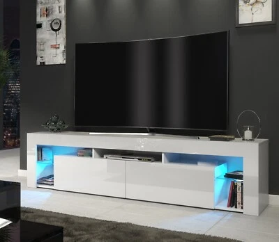 ART FURNITURE Large Gloss White TV Cabinet 200cm Unit Stand Modern Stand Led lights Milano 06