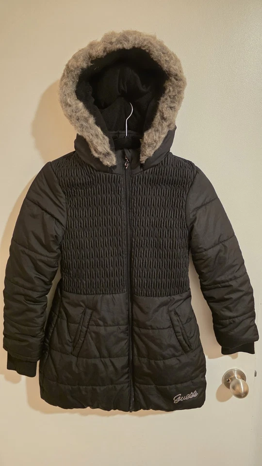 Guess Jacket Girls Size 14 Medium Guess Kids Black Coat with Hood Y2k Faux Fur  - Image 1 of 4
