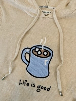 Sudadera con Capucha Life is Good Azul Marino Beige Tejido Bordado Cacao Caliente Talla Pequeña Foto 1 de 4