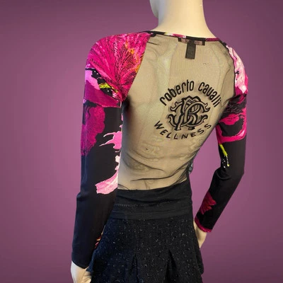 Редкая Roberto Cavalli винтажный 2000-х годов Y2K сетки цветочный длинным рукавом футболка размер M - Изображение 1 из 4