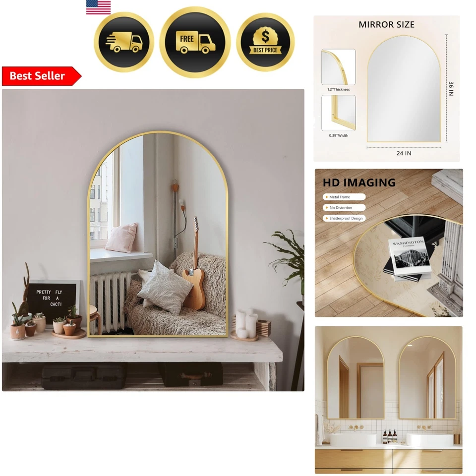 Arched Wall Mirror 24x36 Gold Framed Shatterproof Bathroom Vanity Mirror - Image 1 of 4