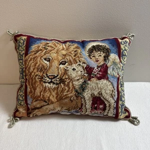 Katha Diddel Kissen Wolle Nadelspitze Frieden auf Erden Löwe Lamm Engel religiös - Bild 1 von 13