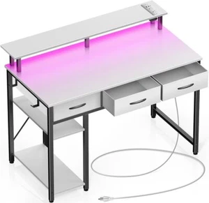 Computer Desk with Power Outlets &LED Light 3 Drawers 39" Home Office Desk White - Picture 1 of 6