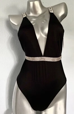 Victoria's Secret One Piece Swimsuit Swim Nwt Black Logo Shine Bling Plunge - Image 1 of 4