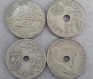 ESPAÑA COLECCIÓN CUATRO MONEDAS DE 25 CÉNTIMOS 1925,1927,1934,1937. CIRCULADAS. - Imagen 1 de 3