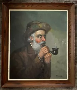 Original Vintage Oil on Canvas by Ignacio Beller Old Man Smoking Pipe Grandpa - Picture 1 of 14