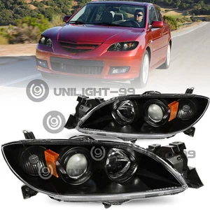 For 2004-2009 Mazda 3 Sedan Black Amber Headlights Amber Corner Lamps Pair - Picture 1 of 7