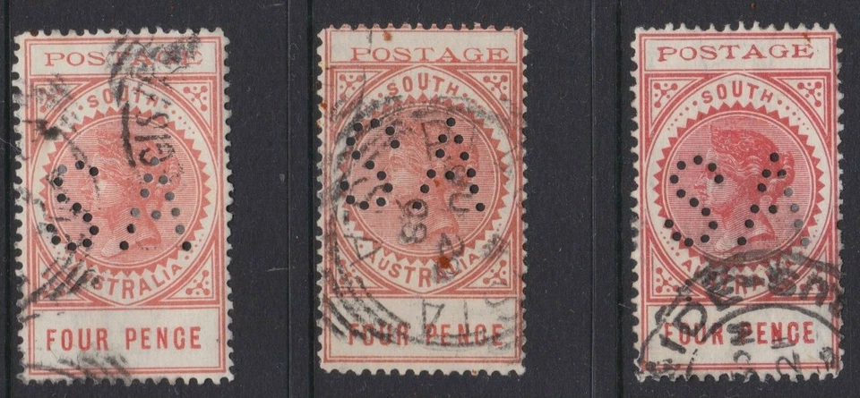1902 - 1912 Long Tom SA Perfins Australia del Sur 4d Naranja x 3 Usado REF: SA4D3 Foto 1 de 1