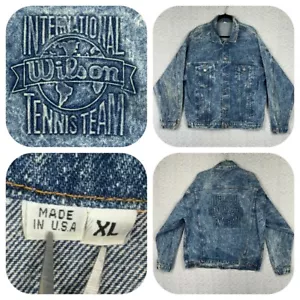 Vintage Acid Wash Denim Jean Jacket Wilson Tennis Team Mens Size XL Made in USA - Picture 1 of 15