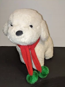 Vintage 1980s Dakin Puppy Dog Plush Stuffed Animal Toy White Red Scarf Poms - Picture 1 of 5