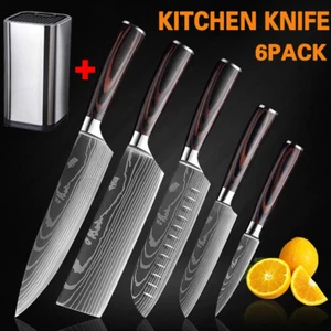 6Pcs Kitchen Knives Set Japanese Damascus Style Stainless Steel Chef Knife Block - Picture 1 of 12