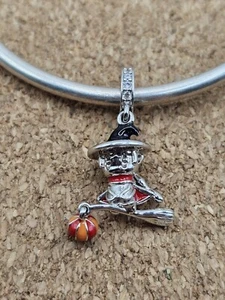Authentic 925 Sterling Silver Halloween Witch On A Broom Spacer European Charm - Picture 1 of 3