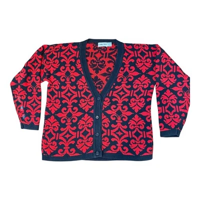 Cárdigan suéter para mujer Cabin Creek mediano rojo negro estampado algodón con botones Foto 1 de 4