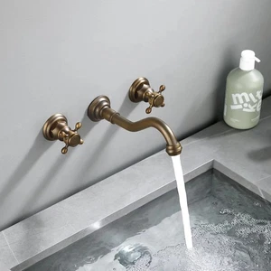 Chester Antique Brass Wall Mount Bathroom Faucet with Cross Handles - Picture 1 of 6