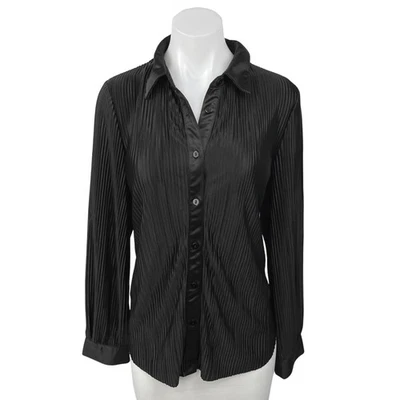 Nicole Miller Black Silk Satin Plisse Pleated Button Down Shirt Blouse Top Sz L - Image 1 of 4
