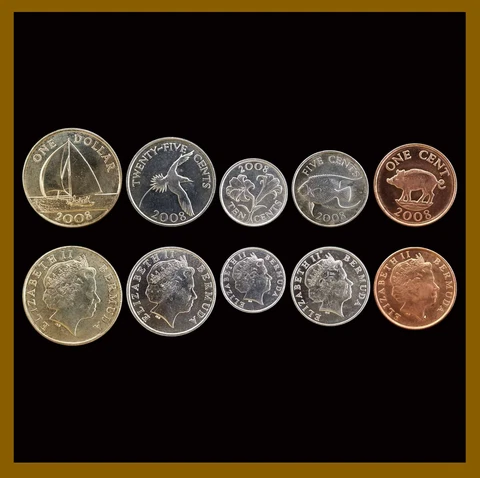 Bermuda 1 5 10 20 Cents 1 Dollar (5 Pcs Coin Full Set), 2008 Fish Pig Bird Unc Cover