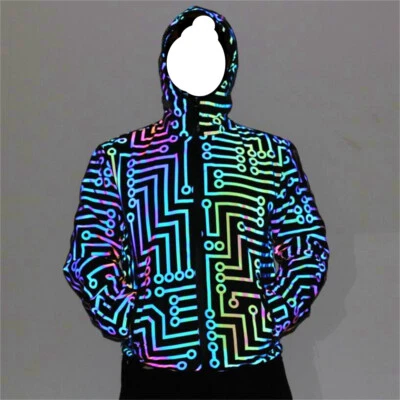 Men Hip Hop Geometric Pattern Rainbow Reflective Jacket Colorful Reflective Coat - Image 1 of 4