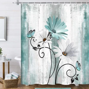 Shower Curtain, Farm Teal Daisy Floral Flowers and Butterfly on - Picture 1 of 12