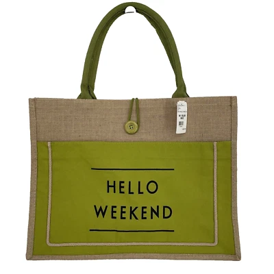 Bolso Shopper Grande Yute Arpillera Hola Fin de Semana con Bolsillos Nuevo con Etiquetas Verde Lima Foto 1 de 4