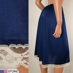 ๐ VANITY FAIR Navy Blue Half Slip Skirt Silky Nylon Ecru Lace Trim Hem M/T - Picture 1 of 9