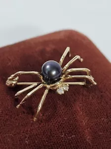 Broche broche araña vintage oro amarillo 14K. Perla brillo negro. Ojos de diamante. Raro - Imagen 1 de 10