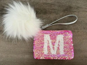 Justice Girls Pink Silver Flip Sequin Initial M Coin Purse Wristlet Pom - Picture 1 of 5